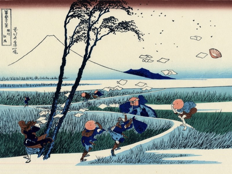 travellers-caught-in-a-sudden-breeze-at-ejiri-ca-1832-a-woodprint-by-katsushika-hokusai